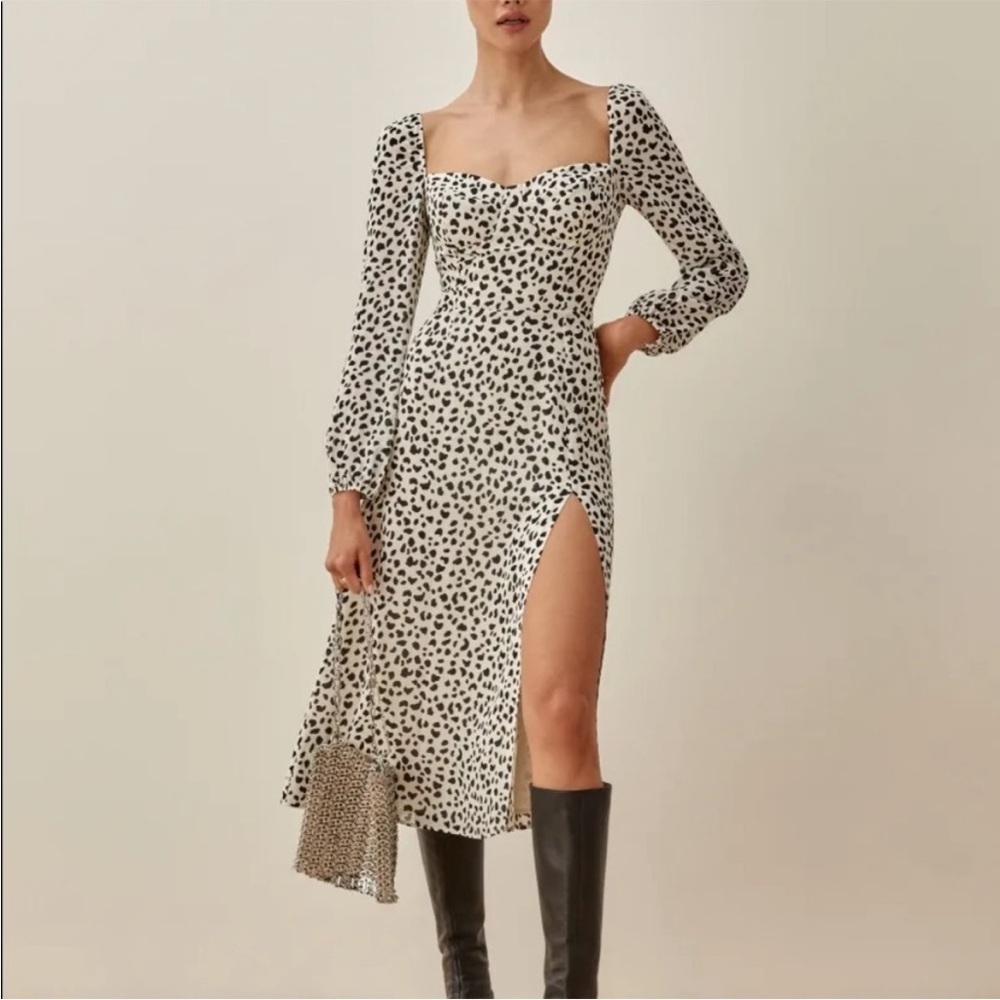 Reformation Shelby Dress Ocelot White Black Polka Dot Slit Bustier New Size 6